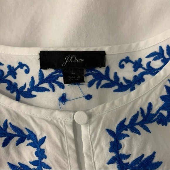 J. Crew Top Large Embroidered Blue White Short Sleeve - Picture 5 of 7